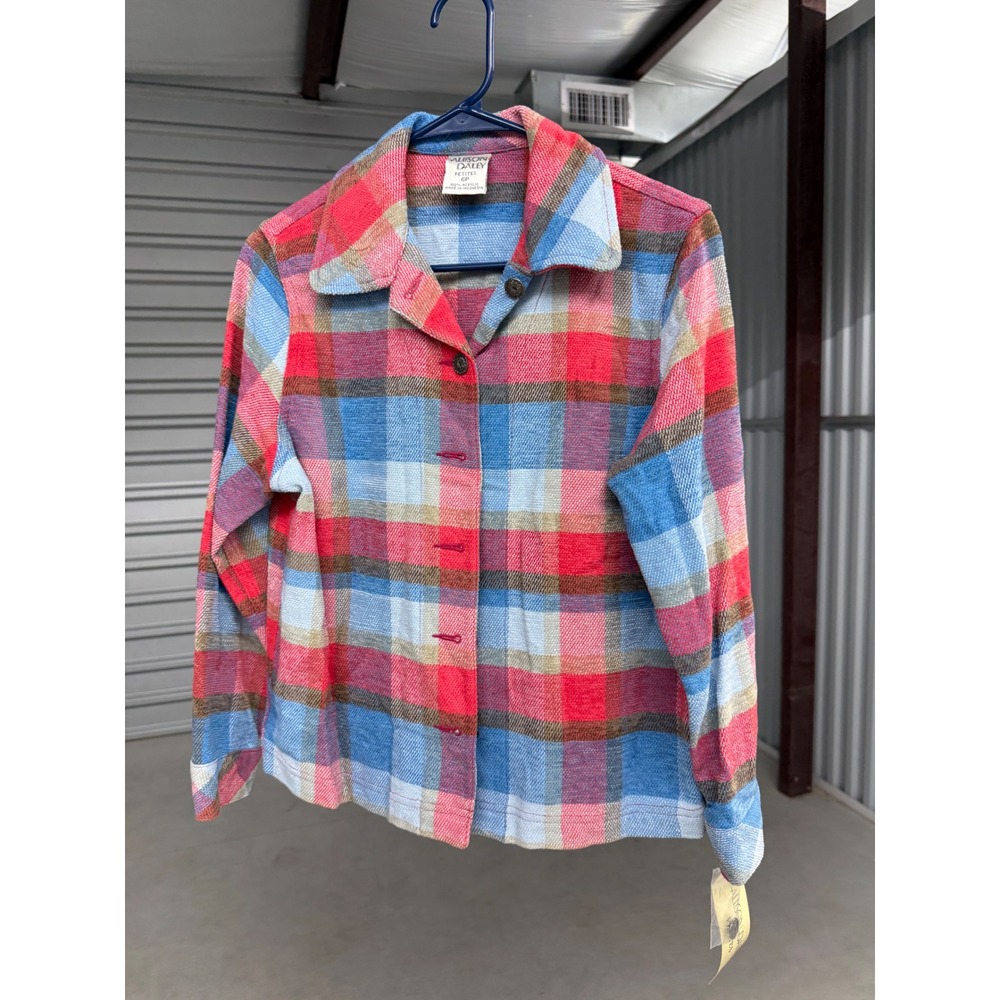 Allison Daley Petites Plaid Button Front Shirt Red Blue Acrylic Woven 6P NWT
